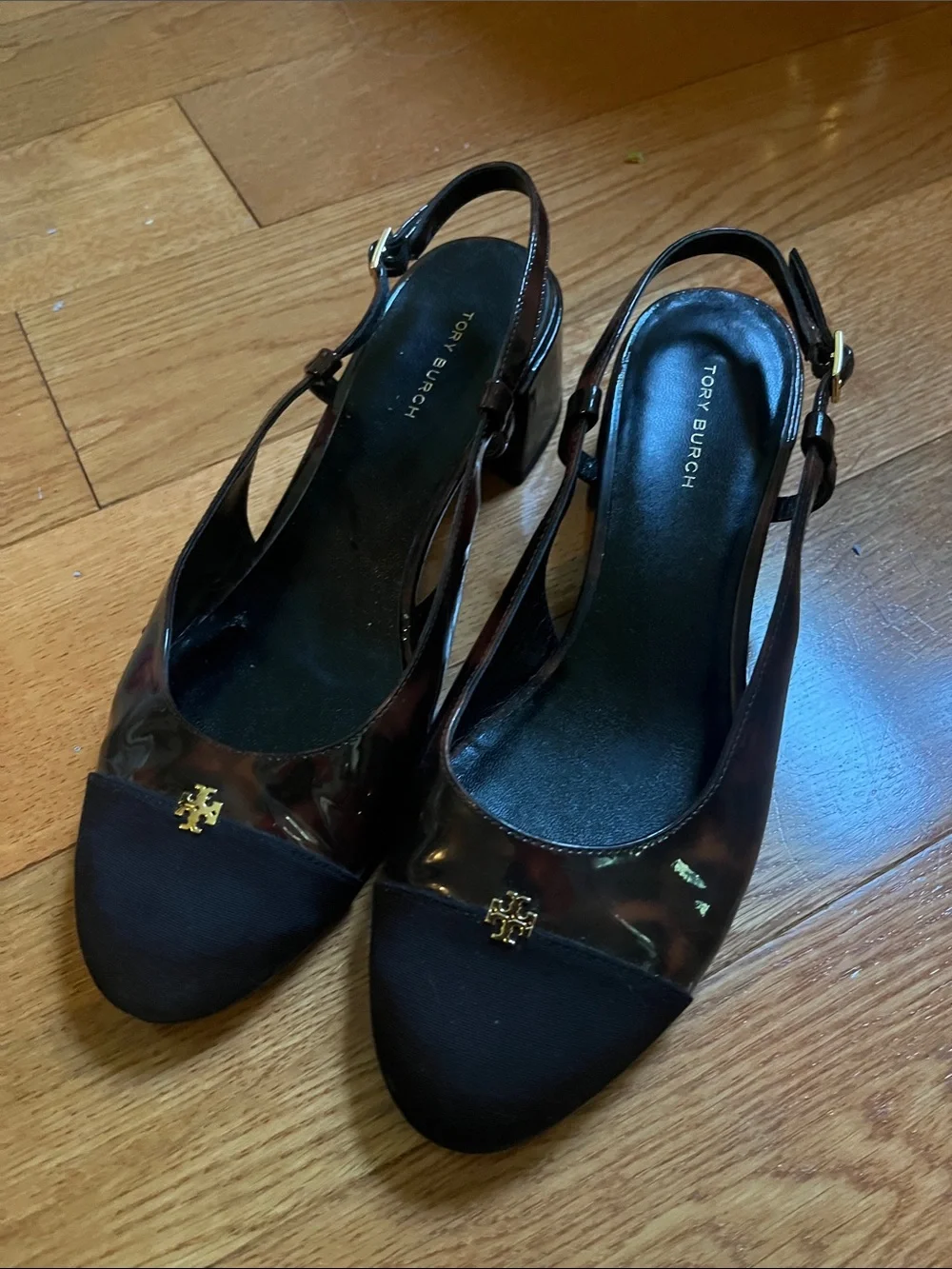 Tory Burch Black and Tortoiseshell Slingback Flats